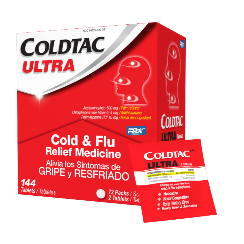 COLDTAC Ultra 144 Tablets Display Box, 72 packs of 2